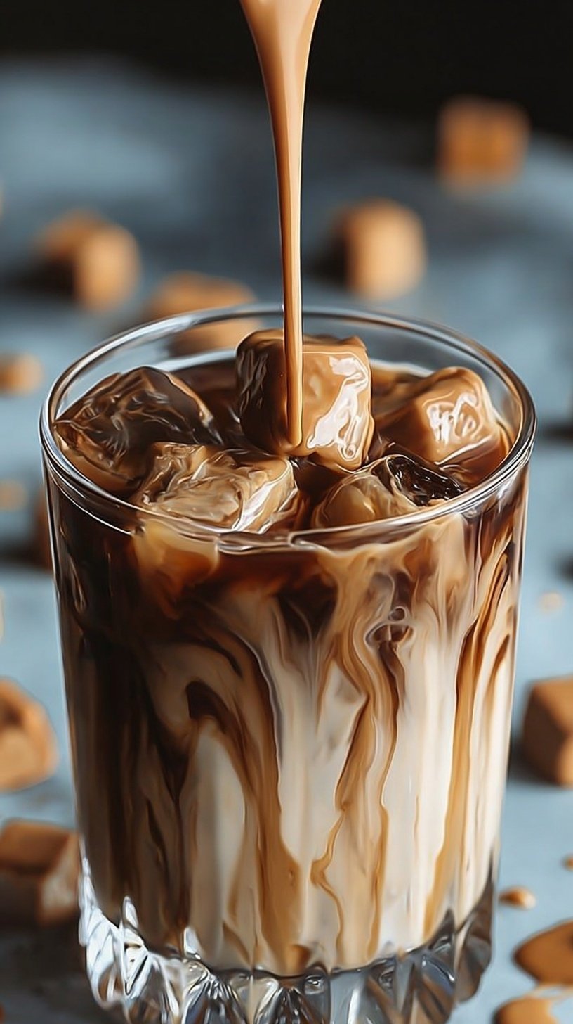 A tall glass of cold brew coffee topped with a thick layer of peanut butter cold foam and ice cubes.