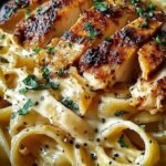 A bowl of golden egg noodles tossed with seared chicken and garlic butter sauce