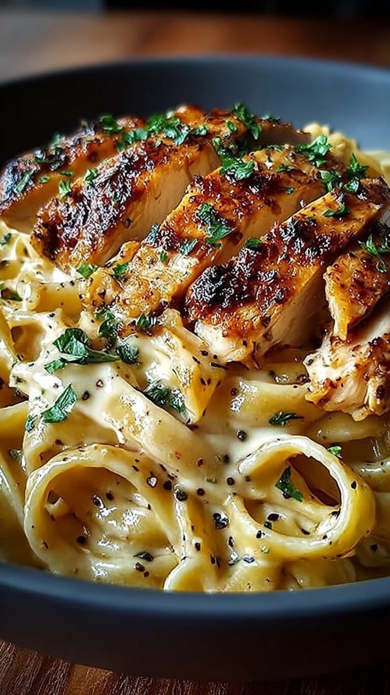 A bowl of golden egg noodles tossed with seared chicken and garlic butter sauce
