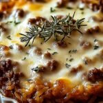 A golden brown French Onion beef rice casserole topped with melted Gruyere and crispy onions in a baking dish.