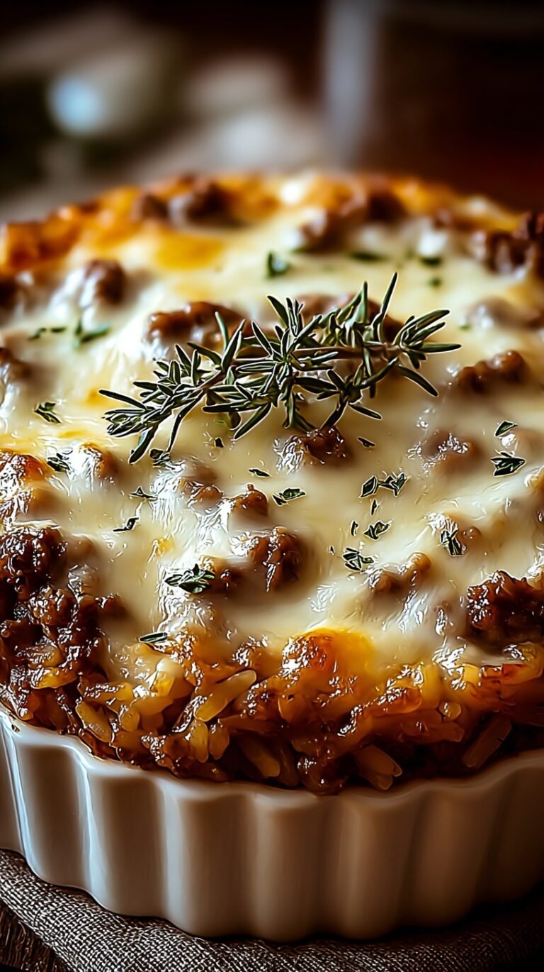 A golden brown French Onion beef rice casserole topped with melted Gruyere and crispy onions in a baking dish.