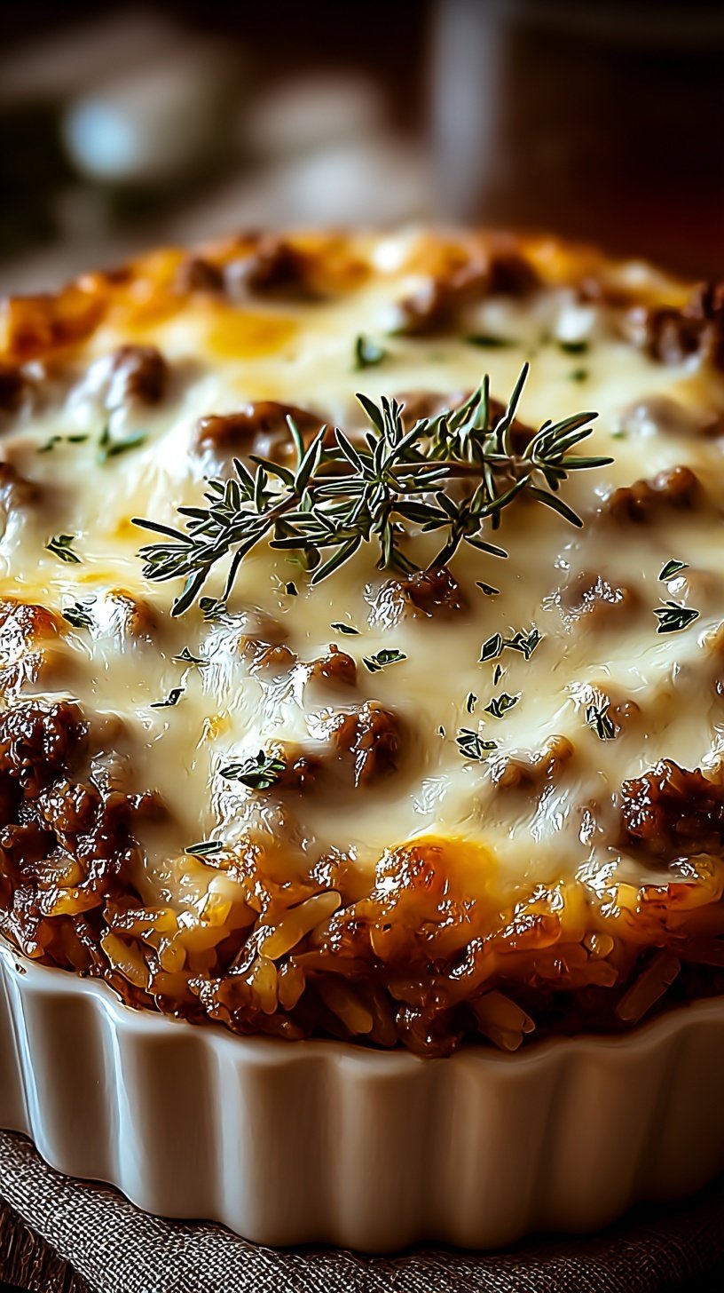 A golden brown French Onion beef rice casserole topped with melted Gruyere and crispy onions in a baking dish.