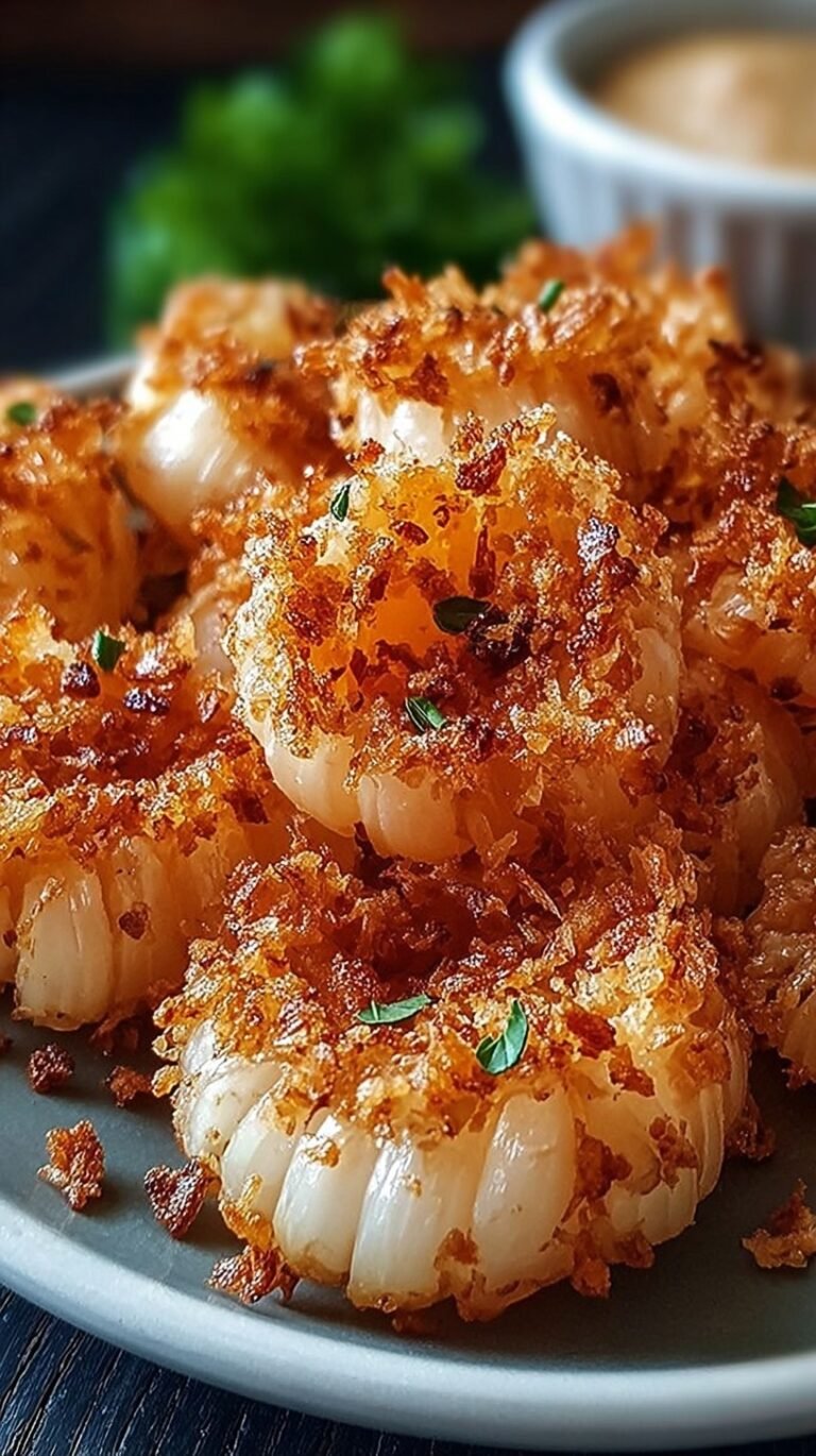 A golden brown crispy blooming onion served on a platter with dipping sauce