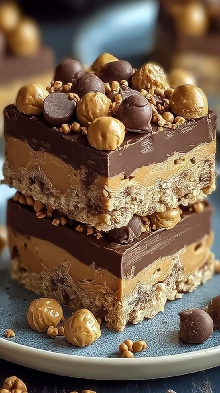 A stack of square chocolate-topped peanut butter bars on parchment paper