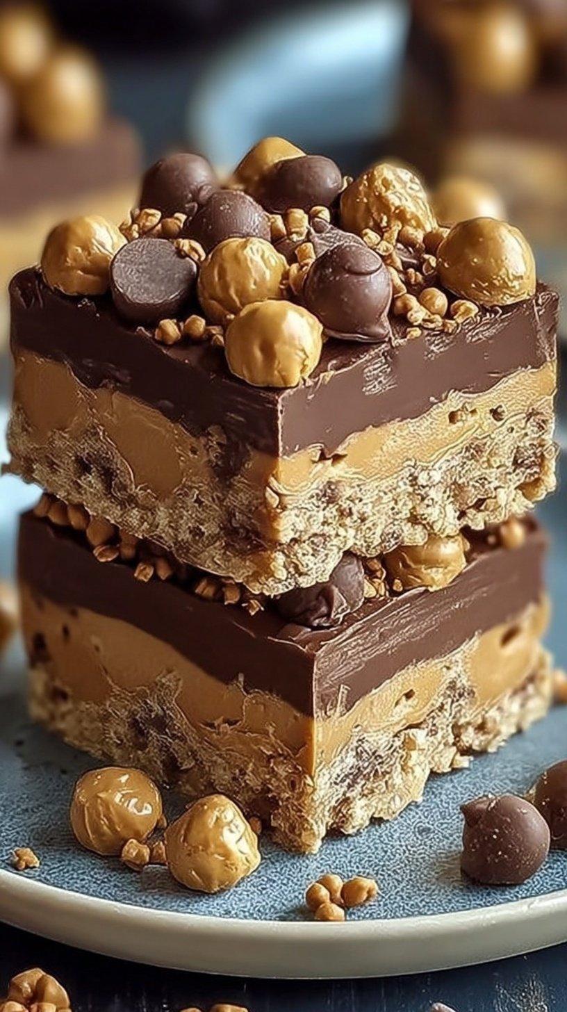 A stack of square chocolate-topped peanut butter bars on parchment paper