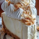 A creamy slice of white marshmallow cheesecake on a graham cracker crust.