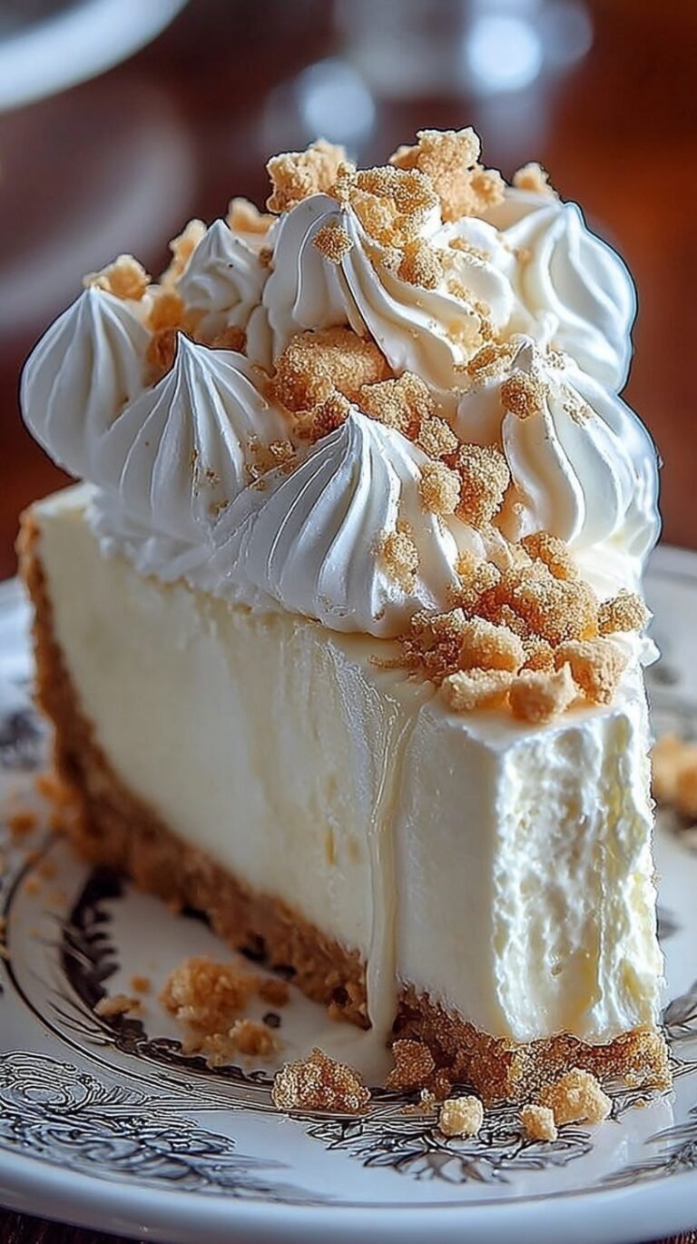A creamy slice of white marshmallow cheesecake on a graham cracker crust.