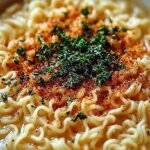 A bowl of creamy Parmesan Garlic Ramen topped with fresh parsley and red pepper flakes.