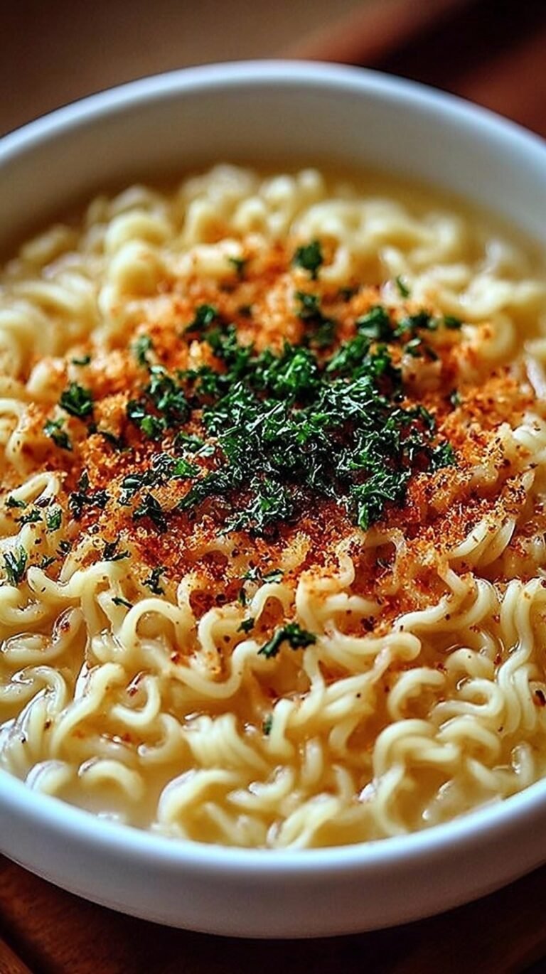 A bowl of creamy Parmesan Garlic Ramen topped with fresh parsley and red pepper flakes.
