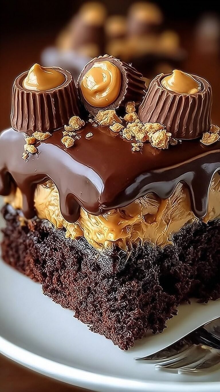 Three layer chocolate cake with peanut butter frosting and chocolate drip topped with mini peanut butter cups