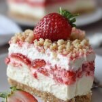 A 9x13 inch dish of strawberry crunch cheesecake with a pink cookie crumble topping