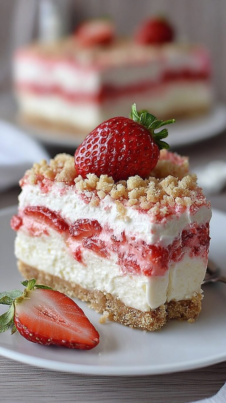 A 9x13 inch dish of strawberry crunch cheesecake with a pink cookie crumble topping