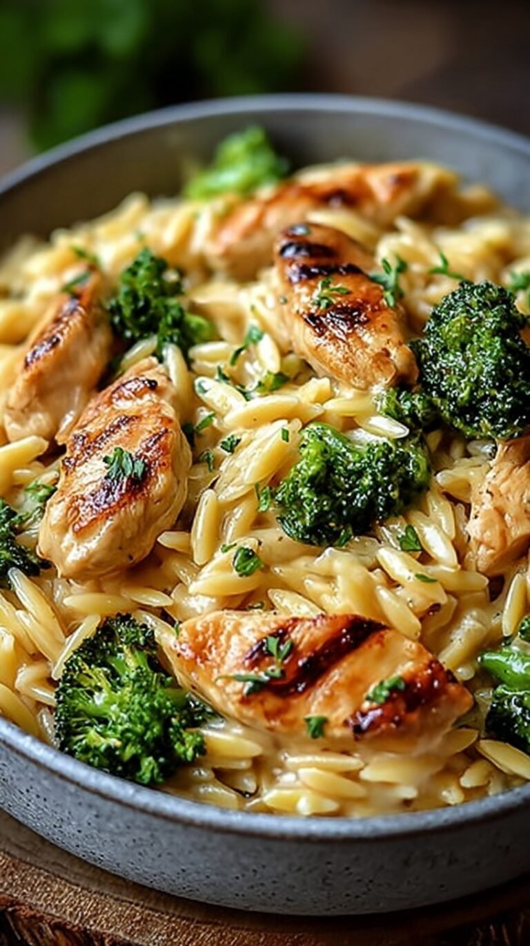 A skillet filled with creamy cheesy chicken broccoli orzo and melted cheddar cheese