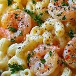 A large white bowl filled with creamy shrimp macaroni salad garnished with fresh parsley and smoked paprika.