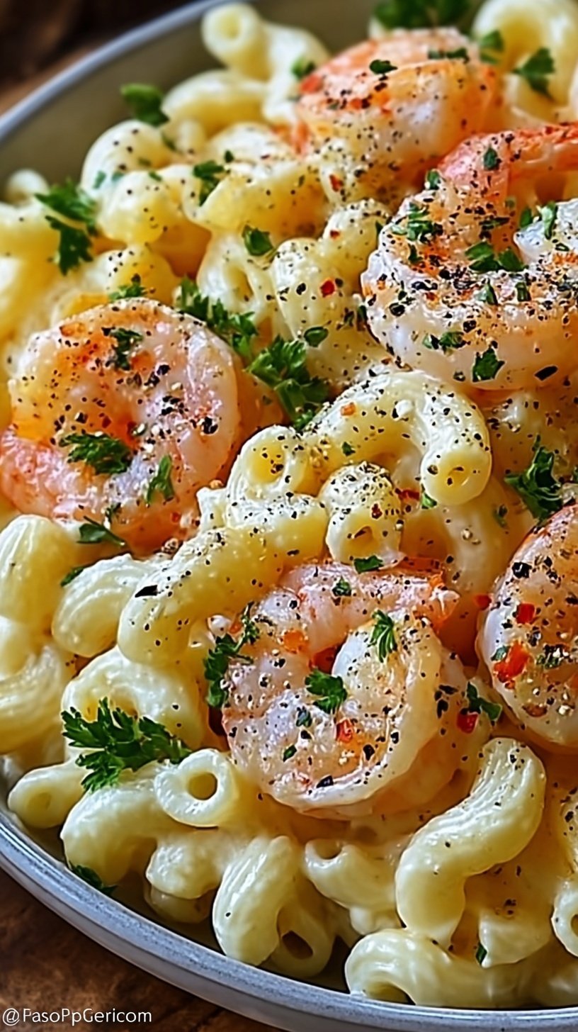 A large white bowl filled with creamy shrimp macaroni salad garnished with fresh parsley and smoked paprika.