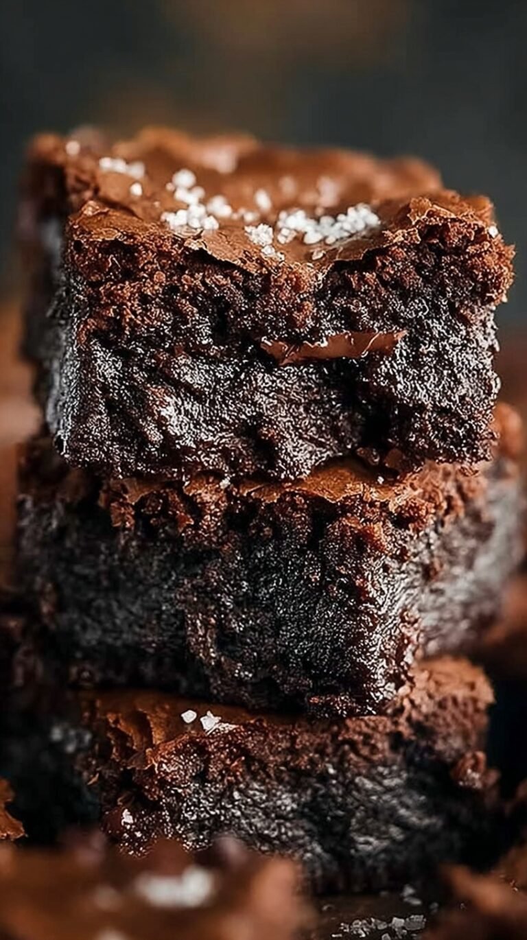 A stack of thick, fudgy homemade brownies with a shiny crackly top on a wire cooling rack.