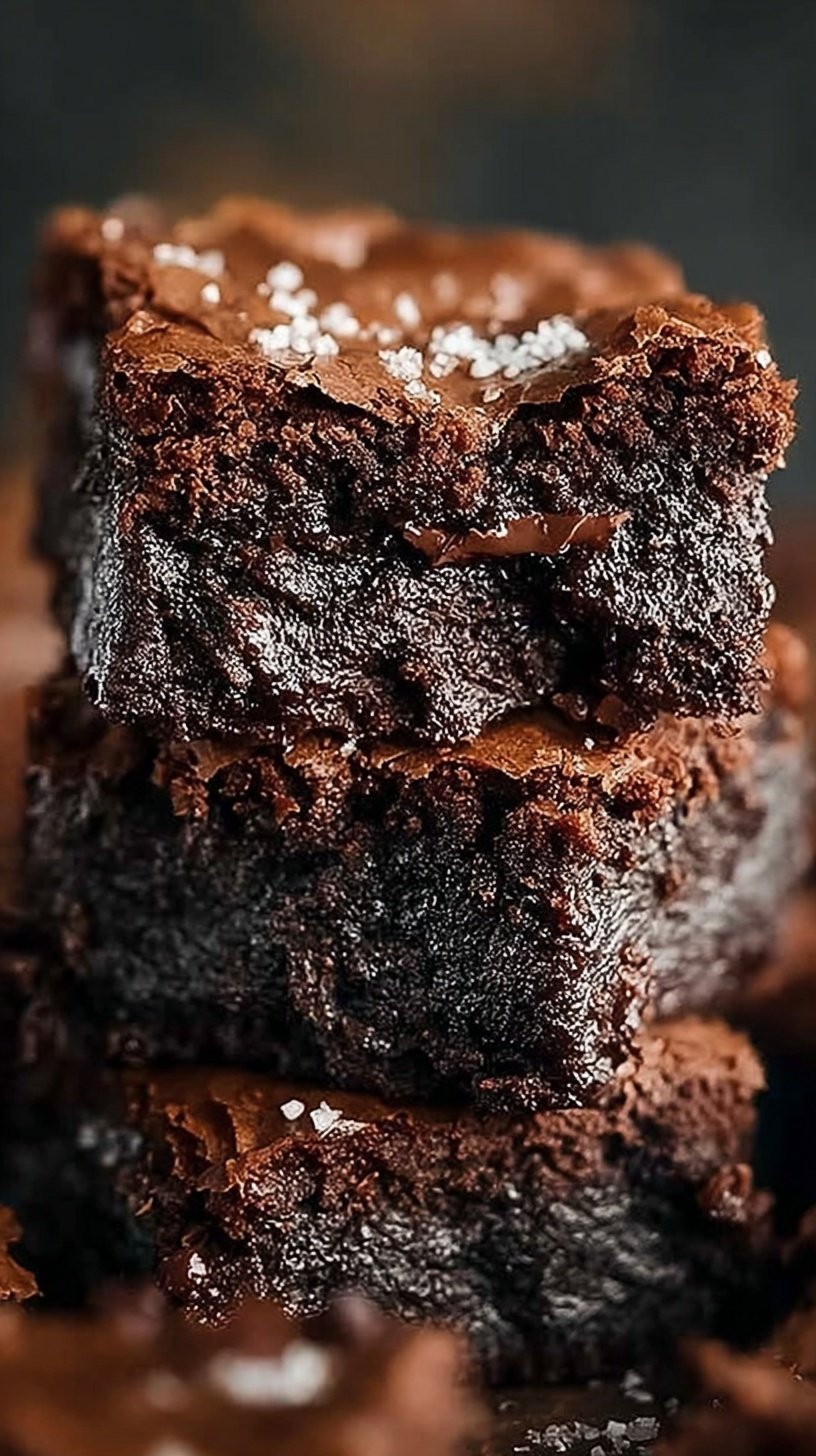 A stack of thick, fudgy homemade brownies with a shiny crackly top on a wire cooling rack.