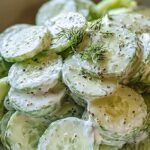 A white bowl filled with thinly sliced English cucumbers and red onions in a creamy white dill dressing.