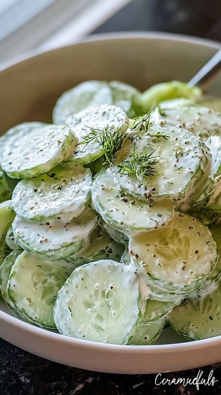 A white bowl filled with thinly sliced English cucumbers and red onions in a creamy white dill dressing.