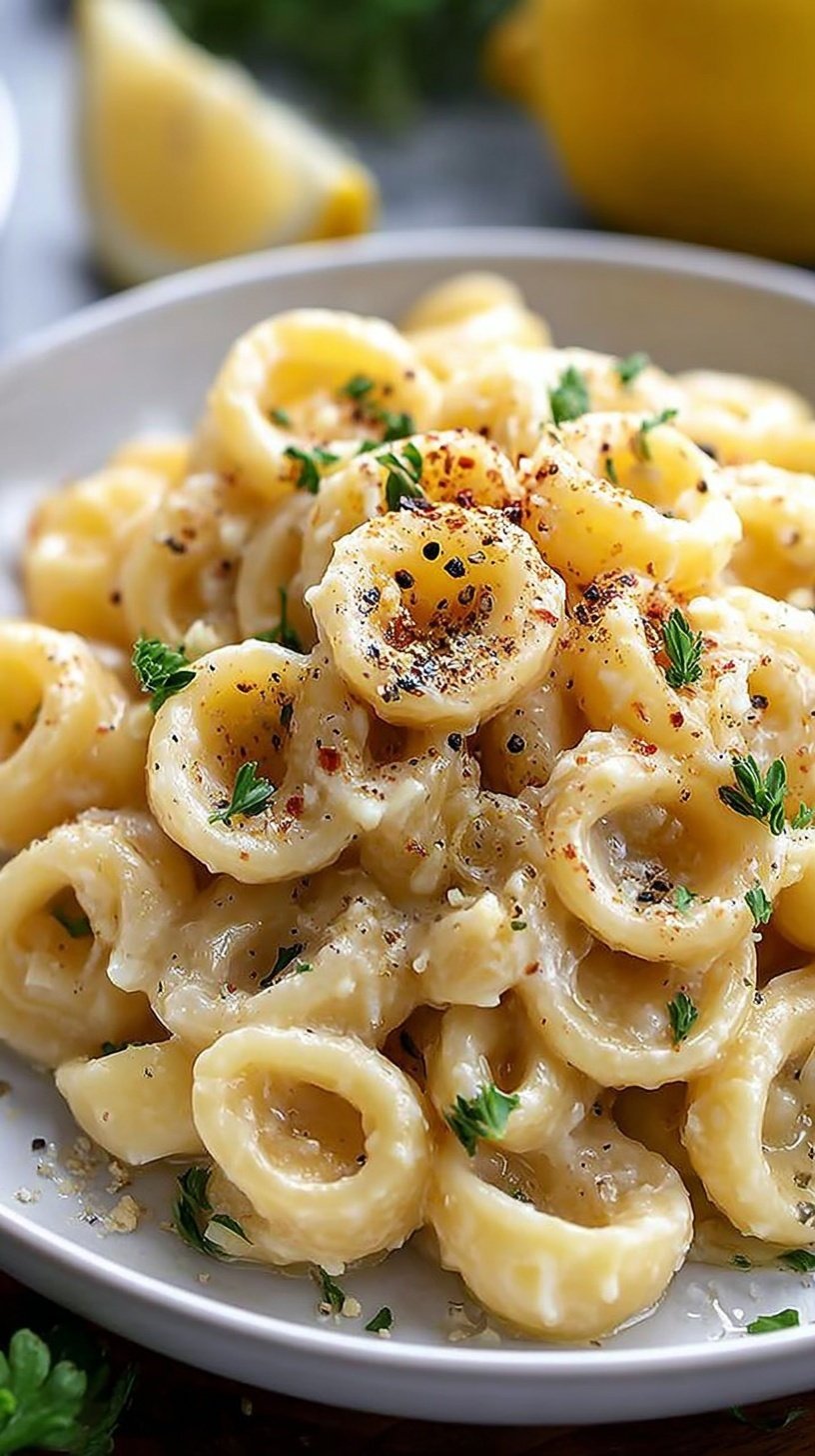 A close up of garlic butter pasta with fresh parsley and grated parmesan cheese in a white bowl.