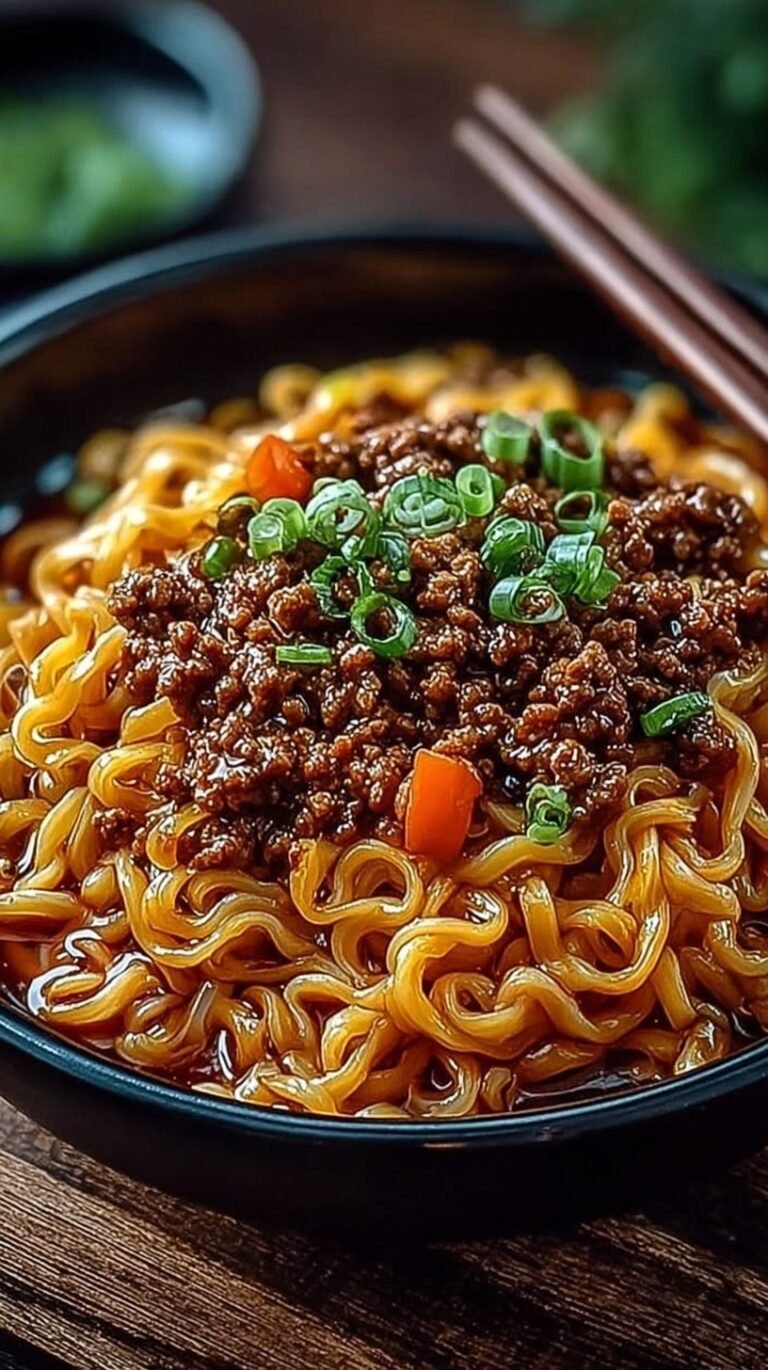 A bowl of steaming Mongolian ground beef noodles topped with fresh green onions and sesame seeds