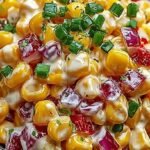 A large bowl of creamy Crack Corn Salad topped with bacon bits and green onions