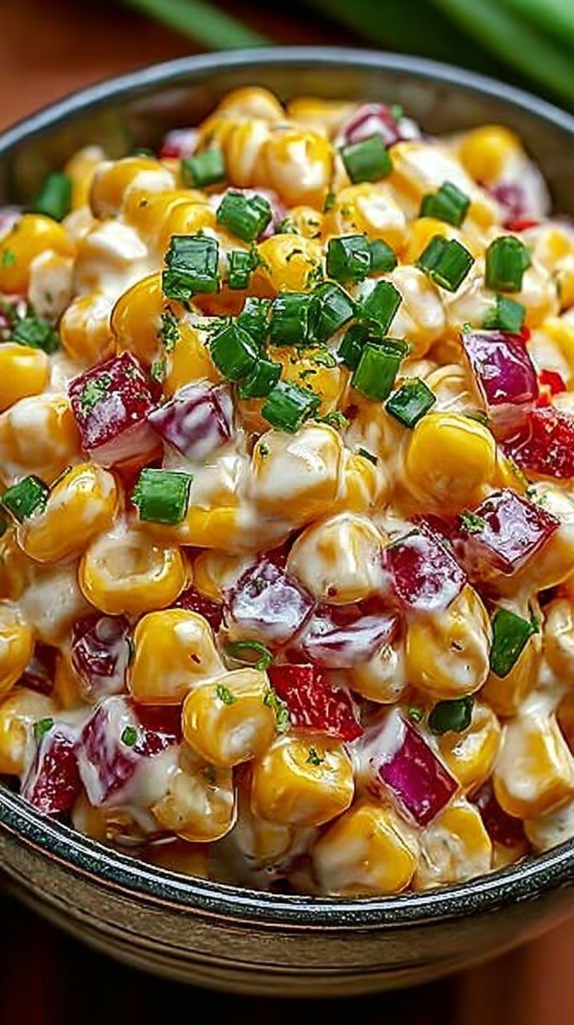 A large bowl of creamy Crack Corn Salad topped with bacon bits and green onions