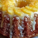 A rectangular pineapple cream cheese cake topped with white frosting and chopped pecans in a baking pan.