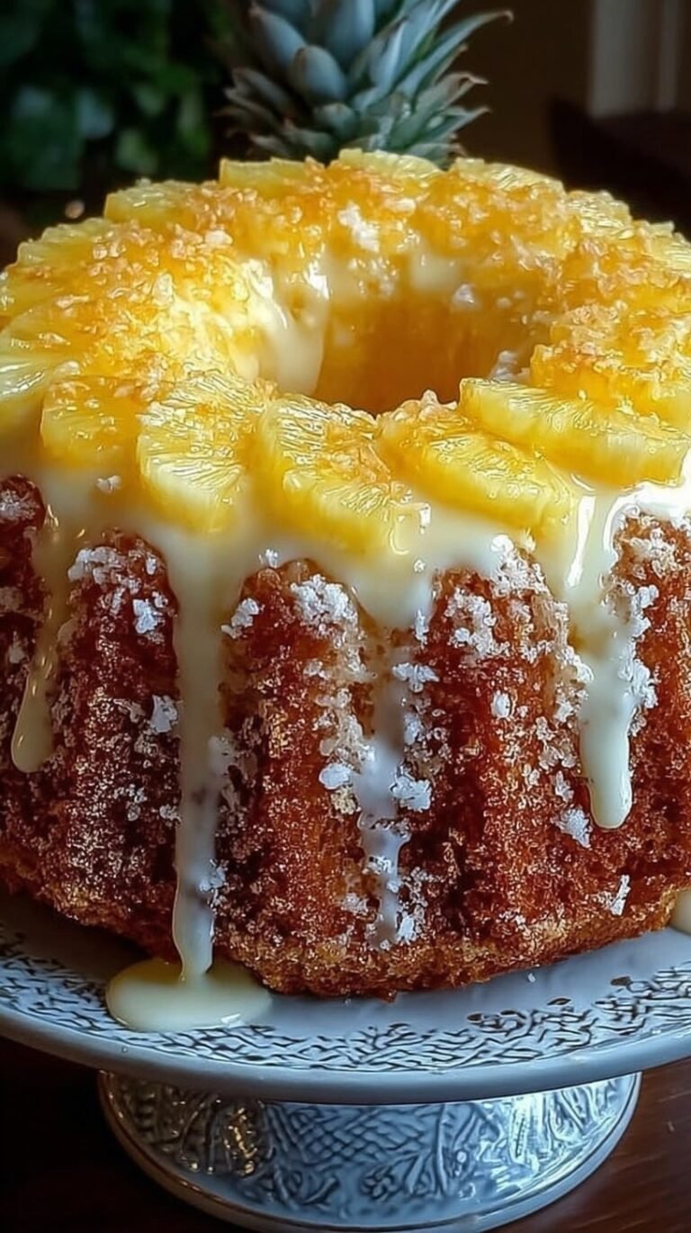 A rectangular pineapple cream cheese cake topped with white frosting and chopped pecans in a baking pan.