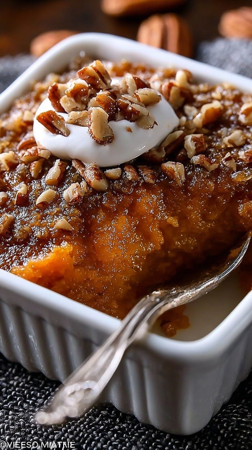 A baking dish filled with Sweet Potato Crunch Dessert topped with golden brown pecans.