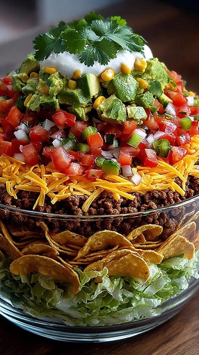 A colorful seven-layer taco salad in a glass dish with layers of beans, cream, and fresh vegetables.