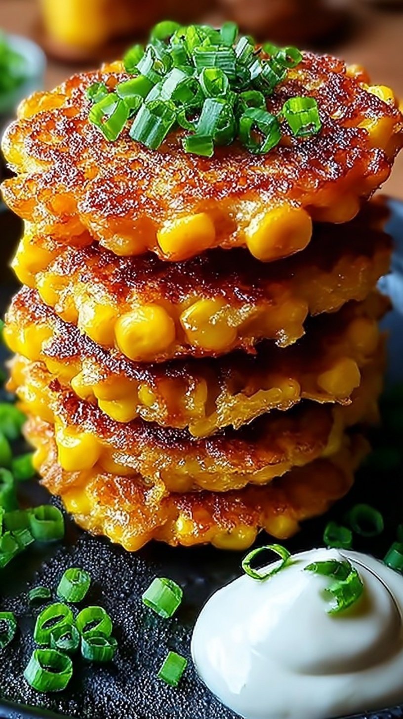 A plate of golden brown crispy corn fritters topped with green onions and served with sour cream.