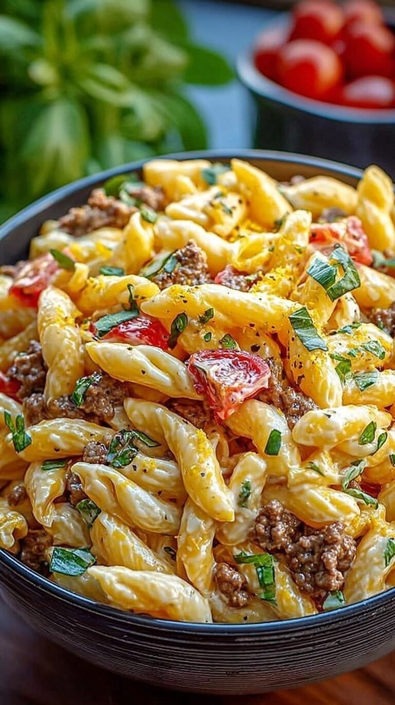 A large bowl of Big Mac Pasta Salad with ground beef, cheese, and pickles