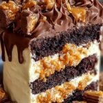 A slice of chocolate poke cake topped with whipped cream and crushed Butterfinger candy bars.