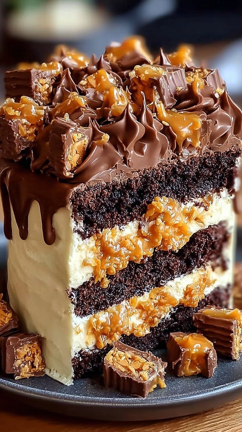 A slice of chocolate poke cake topped with whipped cream and crushed Butterfinger candy bars.