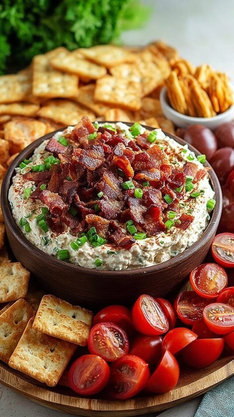 A glass dish filled with layers of cream cheese, lettuce, tomatoes, cheese, and crispy bacon