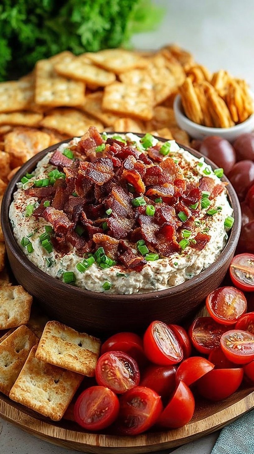 A glass dish filled with layers of cream cheese, lettuce, tomatoes, cheese, and crispy bacon