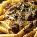 A bowl of creamy beef stroganoff penne with mushrooms and fresh parsley