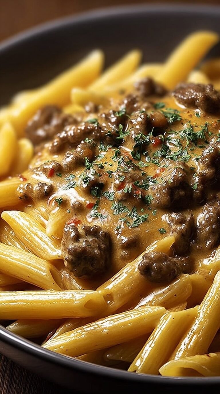A bowl of creamy beef stroganoff penne with mushrooms and fresh parsley