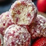 A plate of pink strawberry cheesecake protein balls rolled in crushed berries.