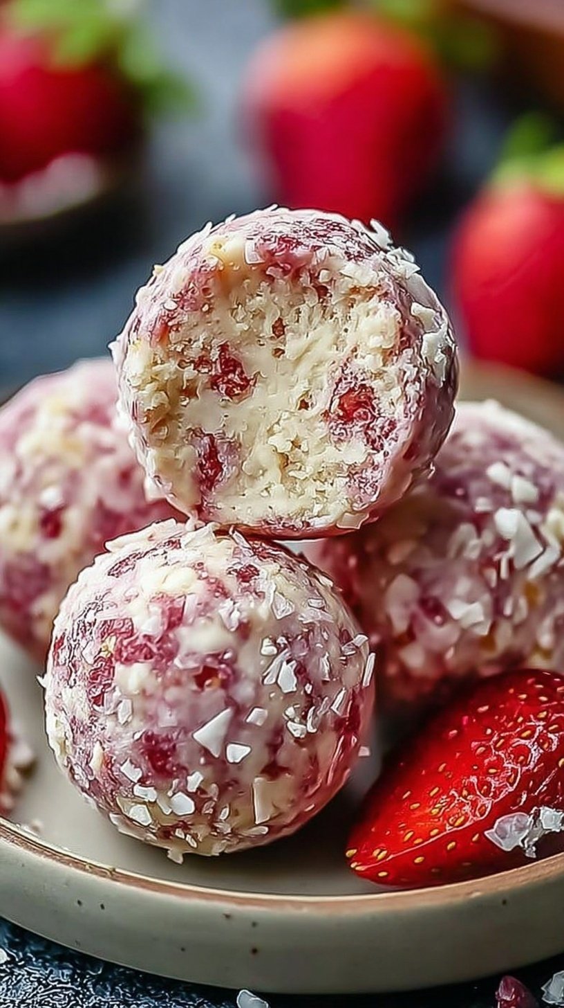 A plate of pink strawberry cheesecake protein balls rolled in crushed berries.