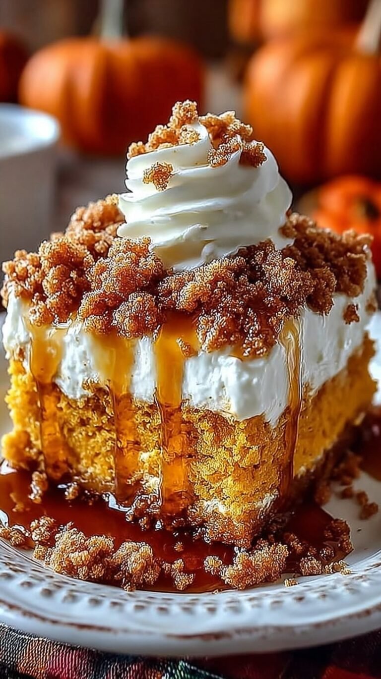 A slice of pumpkin poke cake topped with whipped cream, caramel drizzle, and toffee bits on a white plate.