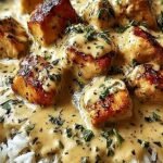 Golden seared chicken thighs smothered in a rich mushroom and onion cream sauce in a skillet.