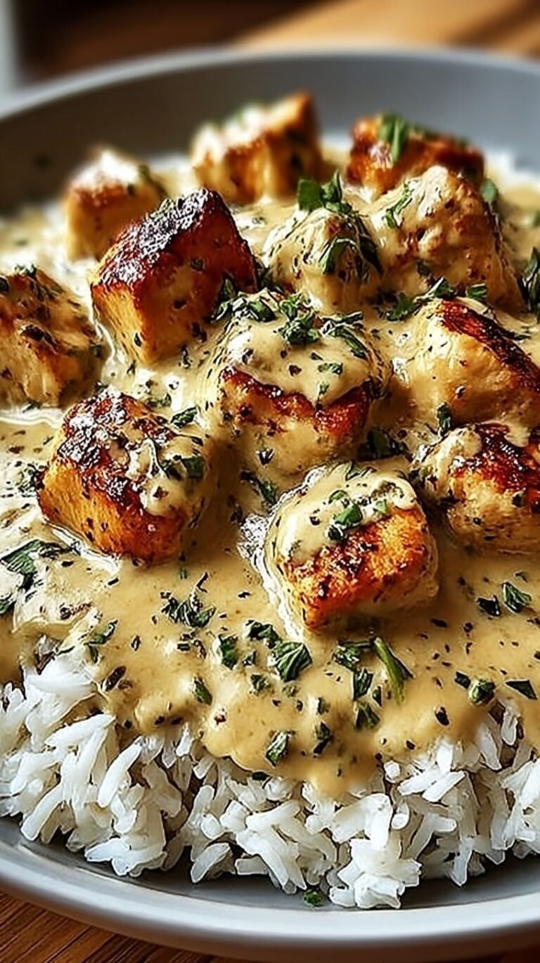 Golden seared chicken thighs smothered in a rich mushroom and onion cream sauce in a skillet.