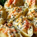 A white baking dish filled with golden-brown seafood stuffed shells topped with melted mozzarella and fresh parsley.