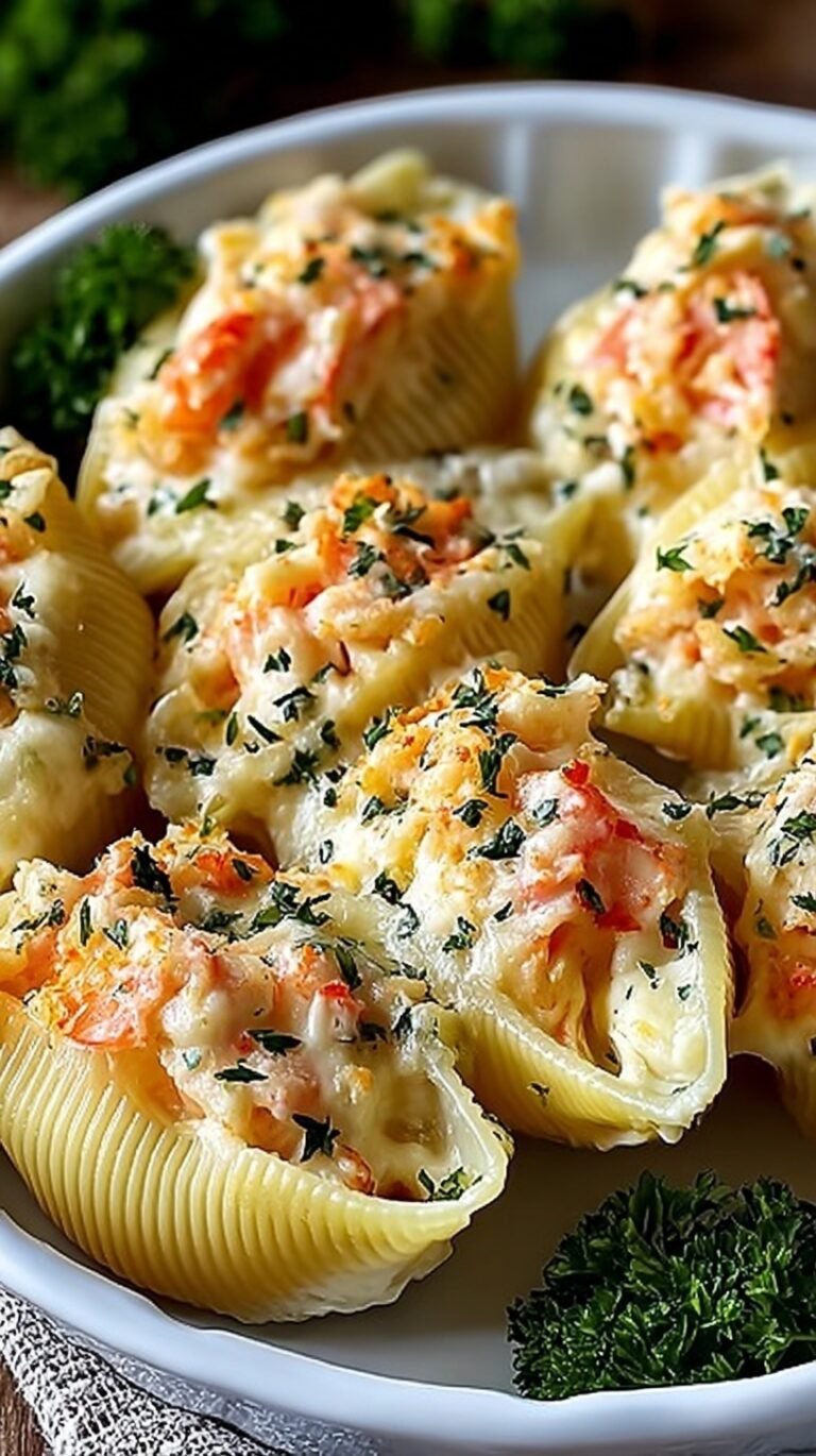 A white baking dish filled with golden-brown seafood stuffed shells topped with melted mozzarella and fresh parsley.