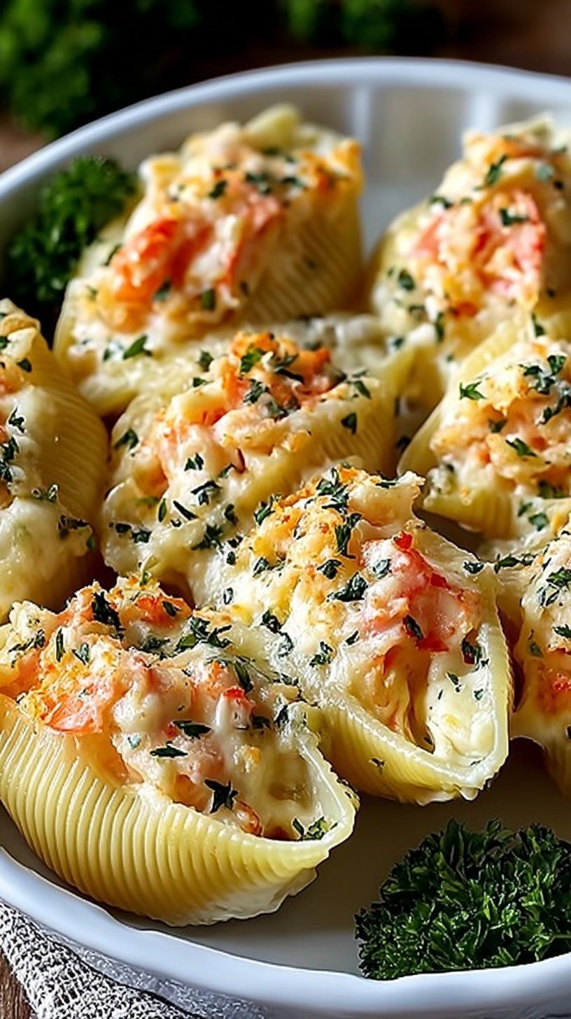 A white baking dish filled with golden-brown seafood stuffed shells topped with melted mozzarella and fresh parsley.