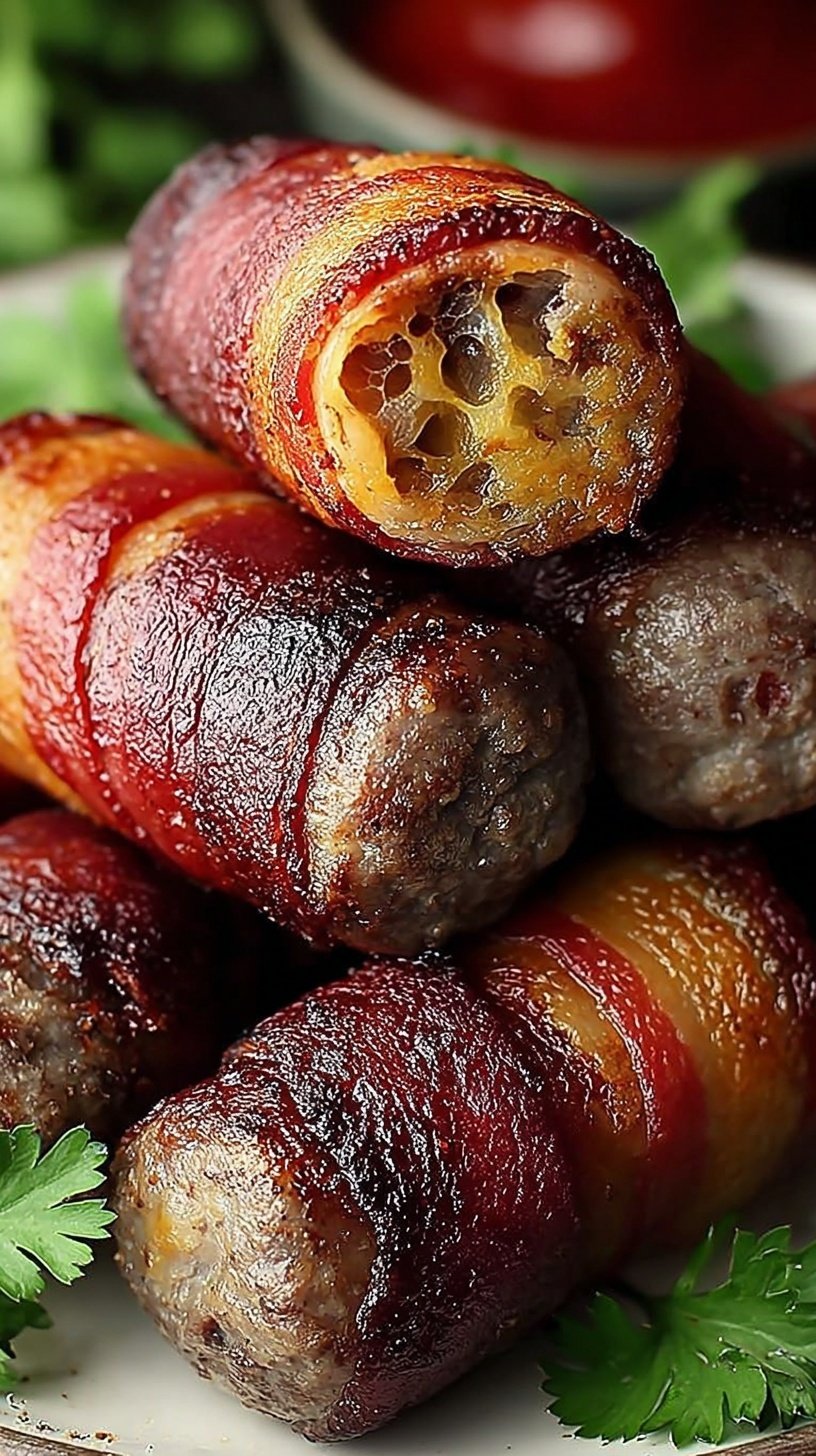 A platter of crispy bacon-wrapped smoked shotgun shells glazed in BBQ sauce