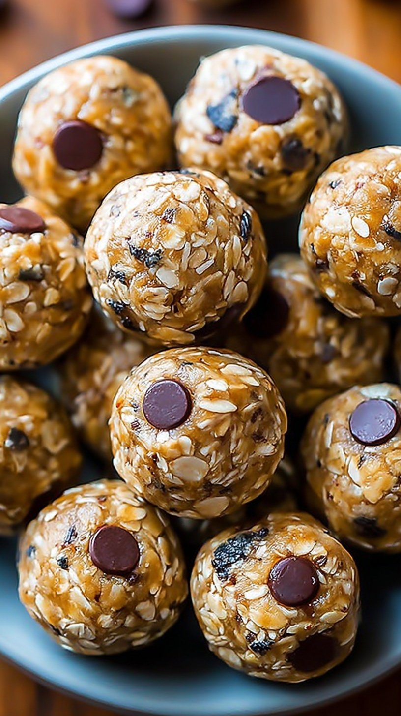 A plate of round chocolate chip energy balls with oats and coconut