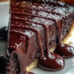 A warm slice of hot fudge pie with a crackly top and molten center served with vanilla ice cream